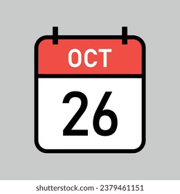 october 26, red and white color calendar page with black outline, calendar date vector illustration