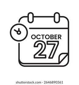 October 27 Calendar Icon Black Line Clock date