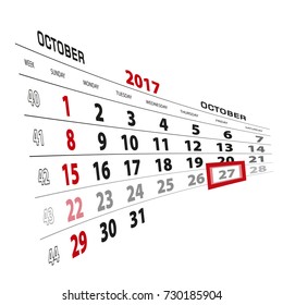 October 27, highlighted on 2017 calendar. Week starts from Sunday. Vector Illustration.