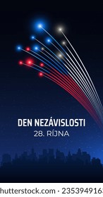 October 28th, czech republic independence day, czech flag fireworks on blue night sky background. National holiday. Greeting card. Vector. Translation: October 28th Independence Day