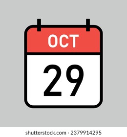 october 29, red and white color calendar page with black outline, calendar date vector illustration