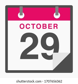 October 29th Flat icon calendar isolated on white background. Vector illustration