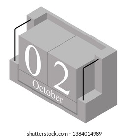 October 2nd date on a single day calendar. Gray wood block calendar present date 2 and month October isolated on white background. Holiday. Season. Vector isometric illustration