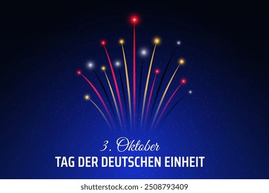 3. Oktober, deutscher Tag der Einheit, Fahnenfeuerwerk am Nachthimmel. Deutschland Nationalfeiertag. Grußkarte. Feuerwerk, Fahne. Vektor. Übersetzung 3. Oktober Tag der Deutschen Einheit