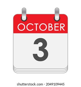 October 3. A leaf of the flip calendar with the date of October 3. Flat style.