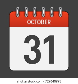 October 31 Calendar Daily Icon. Vector Illustration Emblem. Element of Design for Decoration Office Documents and Applications. Logo of Day, Date, Month and Holiday. EPS10