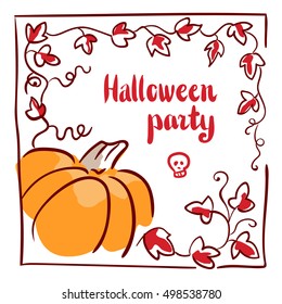 October 31 design element. Pumpkin, tendrils and large lobed leaves. Greeting or invitation card template, hand drawn sketchy illustration. Halloween party clip-art. Red, black, orange and white