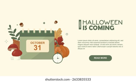 October 31 Fall Calendar with Pumpkins and Clock. October 31 calendar surrounded by autumn leaves, mushrooms, pumpkins, and a clock, symbolizing seasonal and time themes. Halloween calendar. Vector