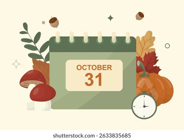 October 31 Fall Calendar with Pumpkins and Clock. October 31 calendar surrounded by autumn leaves, mushrooms, pumpkins, and a clock, symbolizing seasonal and time themes. Halloween calendar. Vector
