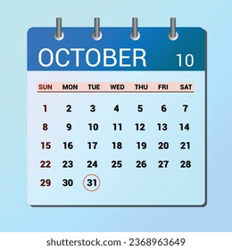 October 31. Flat icon calendar isolated on blue background. Date and month vector illustration