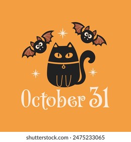 October 31 Halloween vector quote. Cute black cat illustration. Halloween haunted, boo spooky. Happy Holiday quote, funny design.