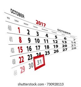 October 31, highlighted on 2017 calendar. Week starts from Sunday. Vector Illustration.