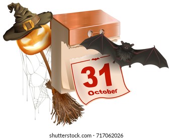October 31 holiday of Halloween. Tear-off calendar. Halloween accessory pumpkin lantern, bat, broom, spider web, hat. Isolated on white vector cartoon illustration