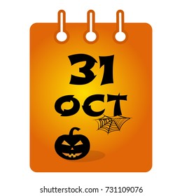 October 31 st calendar colored icon. Halloween. Black inscription with pumpkin and cobweb on orange background. Vector illustration