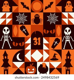 October 31st. The concept of the holiday. Trendy geometric mosaic with Halloween elements. Vector illustration.