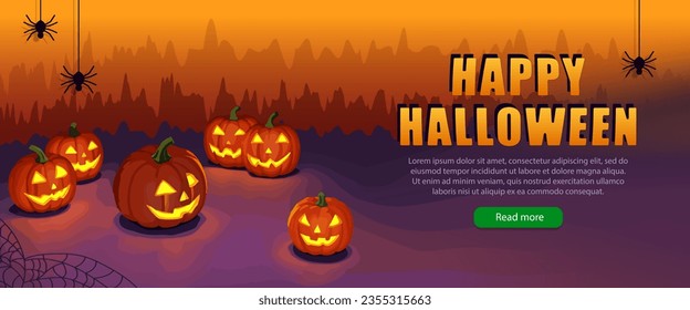 October 31st party invitation or holiday sale poster with glowing Jack-o-lantern. Vector header with orange Halloween pumpkins, black spiders and spider web.  Festive wallpaper, panoramic banner