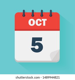October 5th. Daily calendar icon in vector format.  Date, time, day, month. Holidays