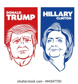 October, 6 2016: Illustration showing Republican Donald Trump vs Democrat Hillary Clinton face-off for American president with words Election 2016 on isolated background done in stencil retro style