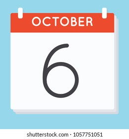 October 6. Calendar icon. Vector illustration in flat design isolated in blue background. Date and time, day, month.