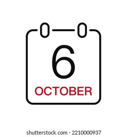 October 6 date on the calendar, vector line stroke icon for user interface. Calendar with date, vector illustration.