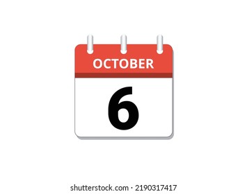 October, 6th calendar icon vector, concept of schedule, business and tasks