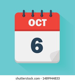 October 6th. Daily calendar icon in vector format.  Date, time, day, month. Holidays