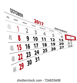 October 7, highlighted on 2017 calendar. Week starts from Sunday. Vector Illustration.