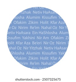 October 7 Israel kibbutzim names attacked by Hamas vector illustration on light blue background for Memorial day of Black Saturday Massacre and Stand with Israel. Commemorating of victims template