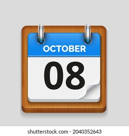 October 8 blue daily realistic calendar with wooden frame icon date vector image