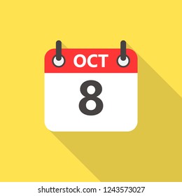 October the 8 calendar flat style icon with long shadow.