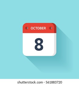October 8. Isometric Calendar Icon With Shadow.Vector Illustration,Flat Style.Month and Date.Sunday,Monday,Tuesday,Wednesday,Thursday,Friday,Saturday.Week,Weekend,Red Letter Day. Holidays 2017.