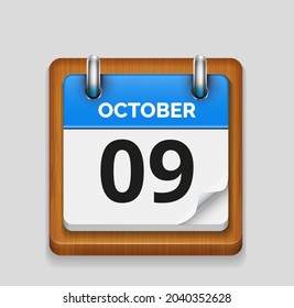 October 9 blue daily realistic calendar with wooden frame icon date vector image