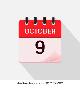 October 9, Calendar icon with shadow. Day, month. Flat vector illustration.