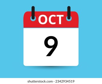 October 9. Flat icon calendar isolated on blue background. Date and month vector illustration