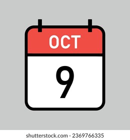 9 de octubre, página del calendario de color rojo y blanco con contorno negro, ilustración vectorial de fecha de calendario