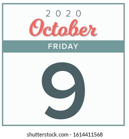 October 9th, 2020. Calendar day icon. Red and grey color.