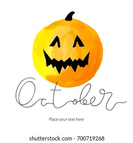 October abstract ink lettering. Pumpkin horror card template with words. Yellow and orange festive illustration. Watercolor background