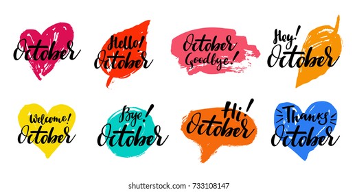 October autumn and fall calligraphic set with spot, leaf, heart on the background. Brush calligraphy, hand lettering. For calendar, schedule, diary, journal, postcard, label, sticker and decor.