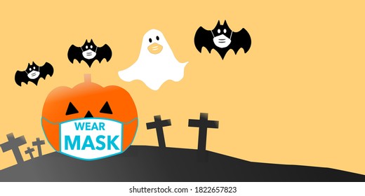 October and Autumn pumpkin.Halloween facial mask as a jack o lantern wearing a medical face mask protection virus infection coronavirus covid-19.Happy halloween trick or treat.illustation vector.