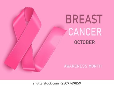 Octubre. Anuncio, postal, cartel de cáncer de mama con Vector 3D realista cinta rosa. El símbolo del Mes de Concientización sobre el Cáncer de Mama . El concepto del Día Mundial contra el Cáncer de Mama