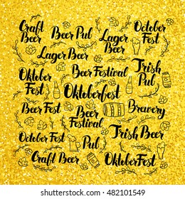 October Beer Fest Gold Lettering Design. Vector Illustration of Hand Drawn Oktoberfest Calligraphy.