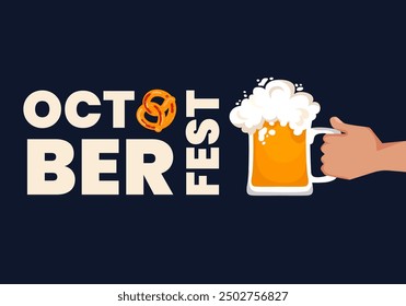 October beer festival creative banner illustration. Hand holding a mug of foamy beer banner, flyer, greeting card, poster design. Oktober festival template for traditional festival in Germany. Vector