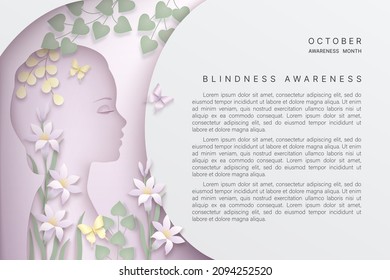 October Blindness awareness month background. Paper layered woman silhouette with closed eyes  with flowers, branches, butterflies. Place for text. Vector illustration