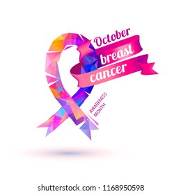 October. Breast cancer awareness month. Pink geometric vector ribbon