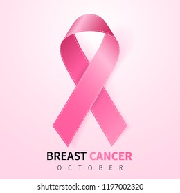 October breast cancer awareness month in. Realistic pink ribbon symbol. Medical Design. Vector illustration.