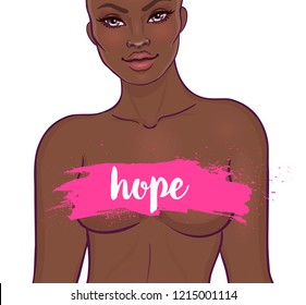 October: Breast Cancer Awareness Month, annual campaign to increase awareness of the disease. African American woman with breast cancer awareness pink ribbon, vector illustration health, medicine