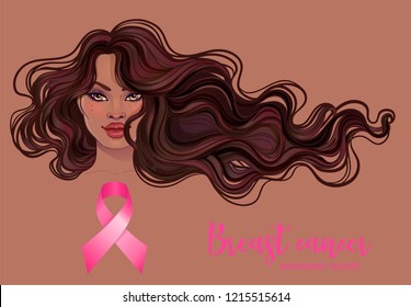 October: Breast Cancer Awareness Month, annual campaign to increase awareness of the disease. African American woman with breast cancer awareness pink ribbon, vector illustration health, medicine