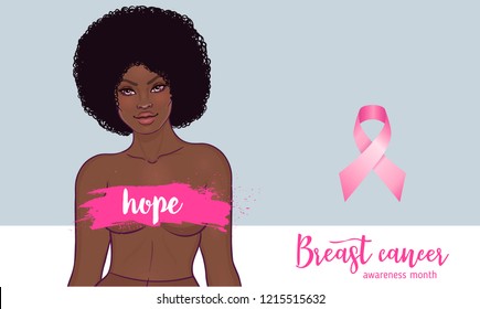 October: Breast Cancer Awareness Month, annual campaign to increase awareness of the disease. African American woman with breast cancer awareness pink ribbon, vector illustration health, medicine