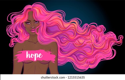 October: Breast Cancer Awareness Month, annual campaign to increase awareness of the disease. African American woman with breast cancer awareness pink ribbon, vector illustration health, medicine