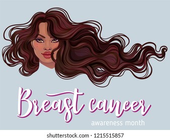 October: Breast Cancer Awareness Month, annual campaign to increase awareness of the disease. African American woman with breast cancer awareness pink ribbon, vector illustration health, medicine